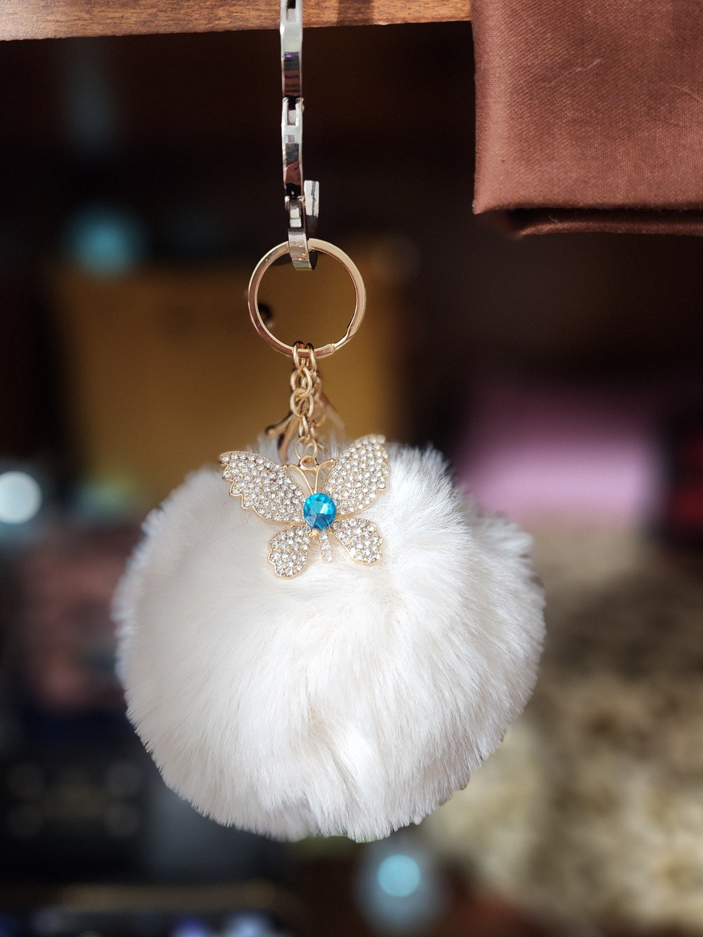 Faux Fur Pom Keychain/Bag Charm with Rhinestone Butterfly